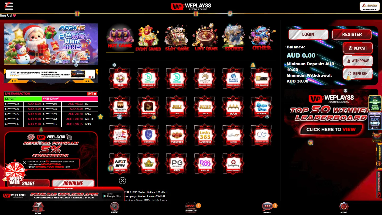 Weplay88 Casino home on desktop